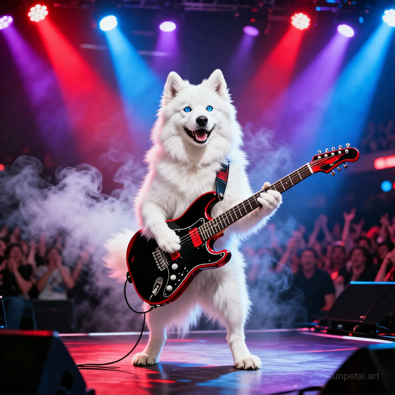 Samoyed on stage with an electric guitar and concert lights, cinematic AI pet portrait