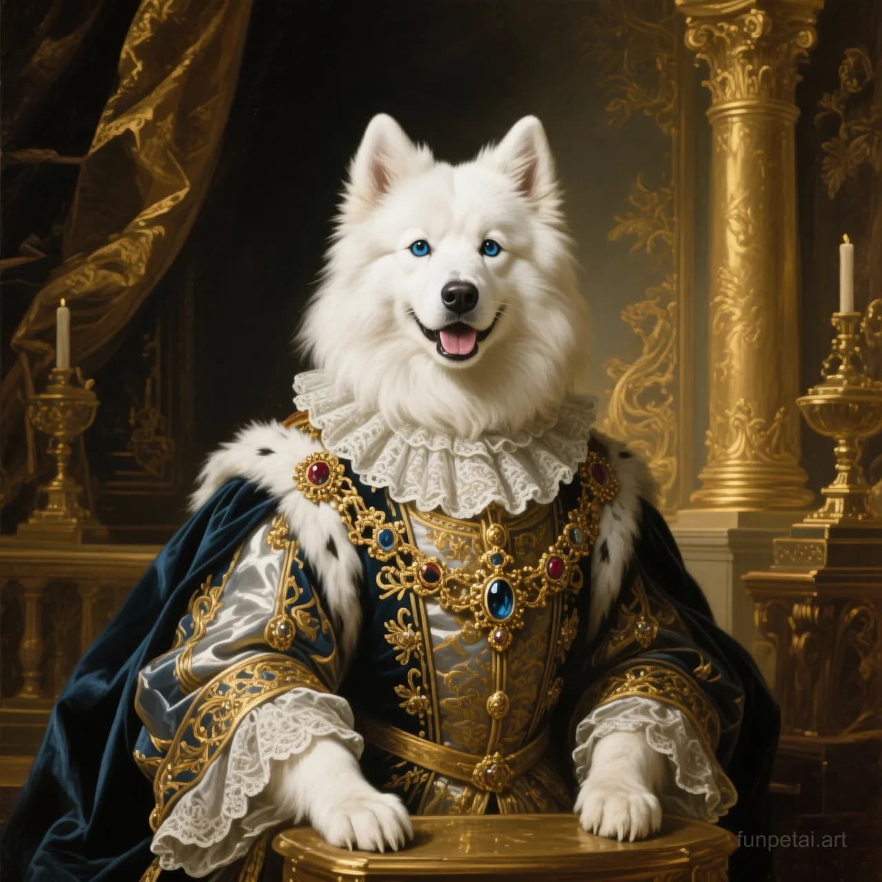 Samoyed in a royal portrait with ornate outfit, classic oil texture, cinematic AI pet portrait