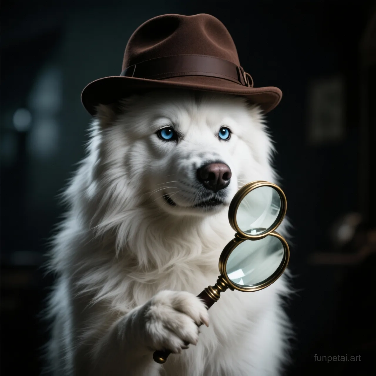 Samoyed as a detective with a deerstalker hat and magnifier, cinematic AI pet portrait