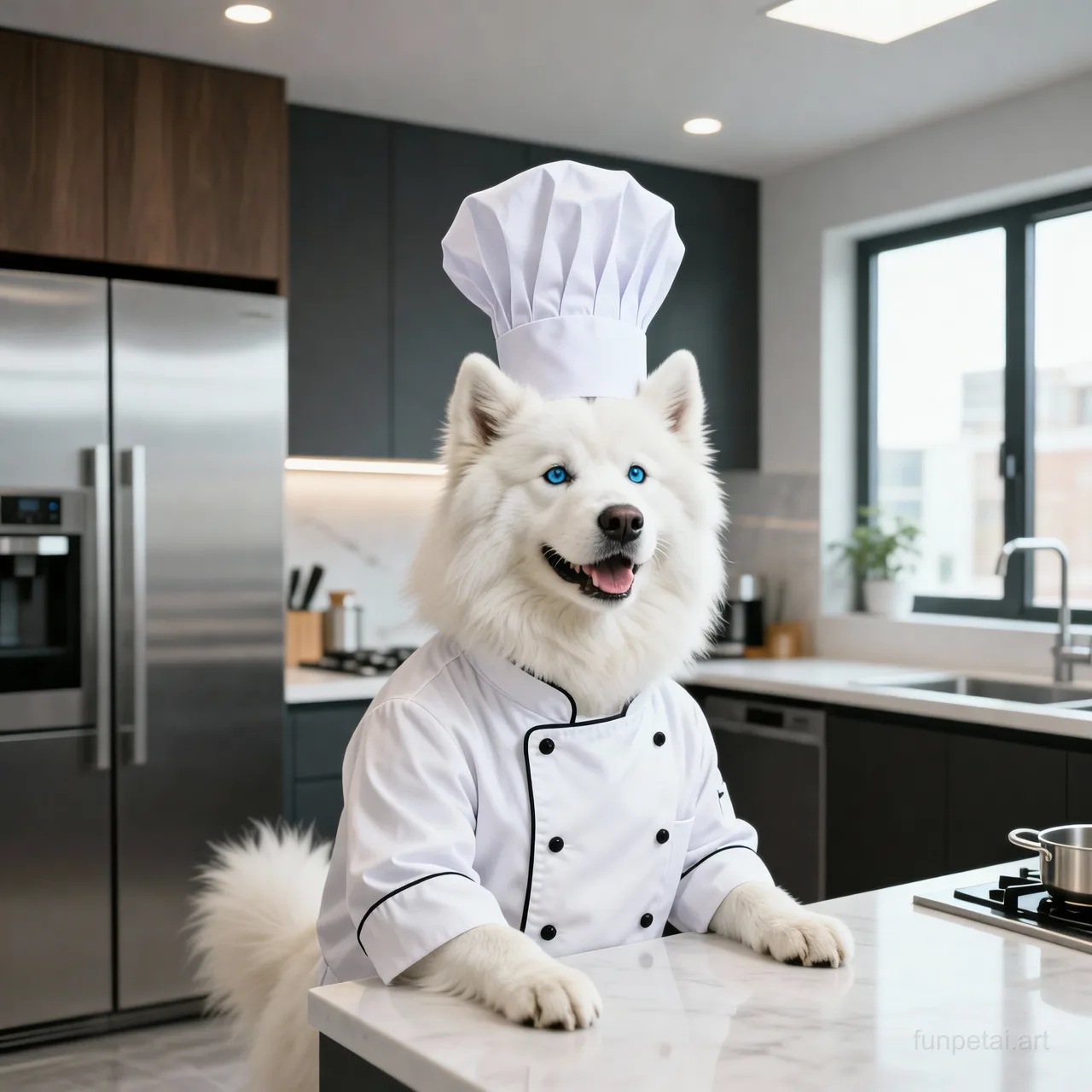 Samoyed wearing a chef hat in a modern kitchen, cinematic AI pet portrait