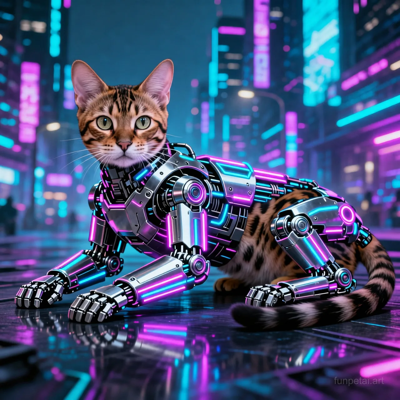 Savannah Cat in neon cyberpunk city lights with metallic accents, cinematic AI pet portrait