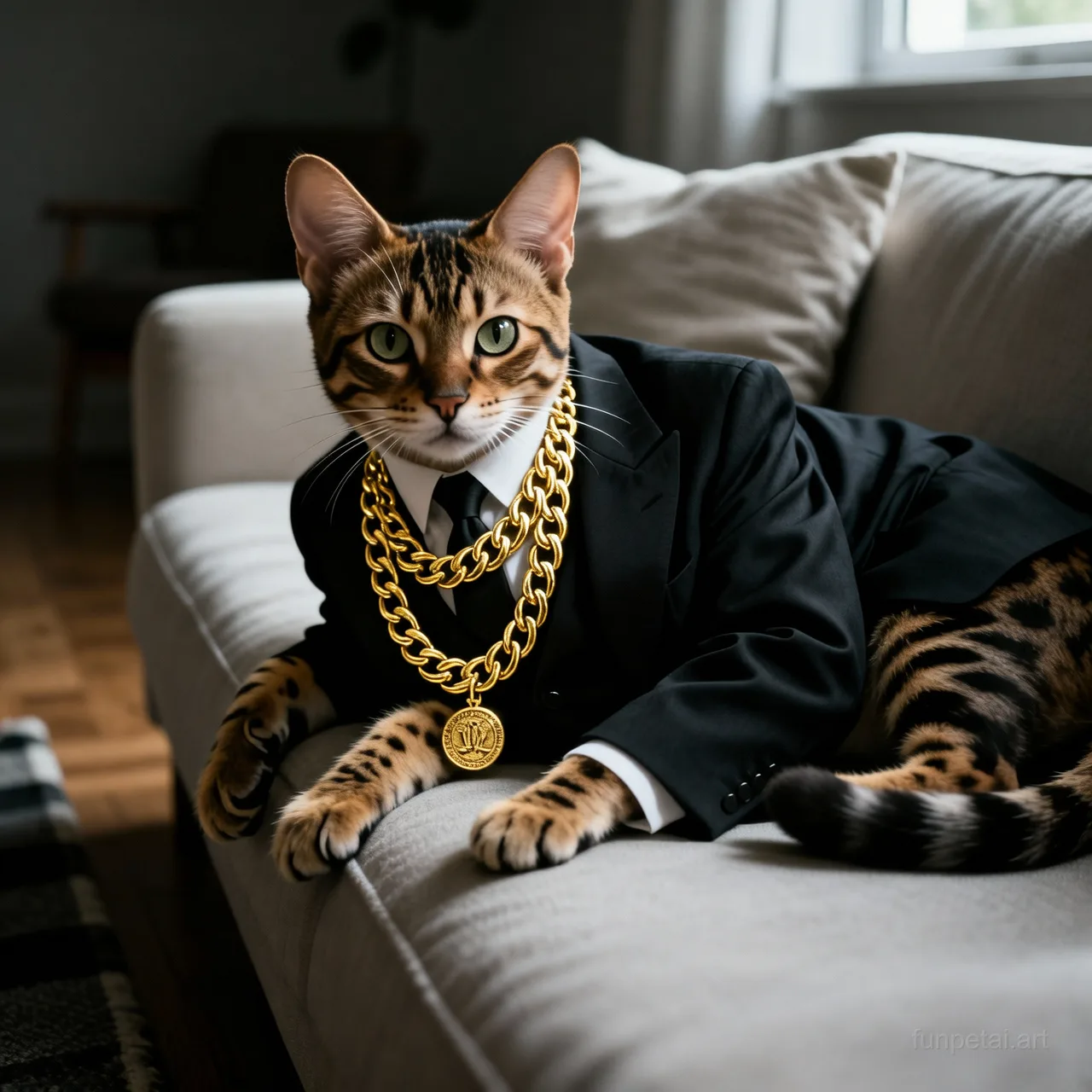 Savannah Cat in a dark suit with gold chain, cinematic noir lighting, cinematic AI pet portrait