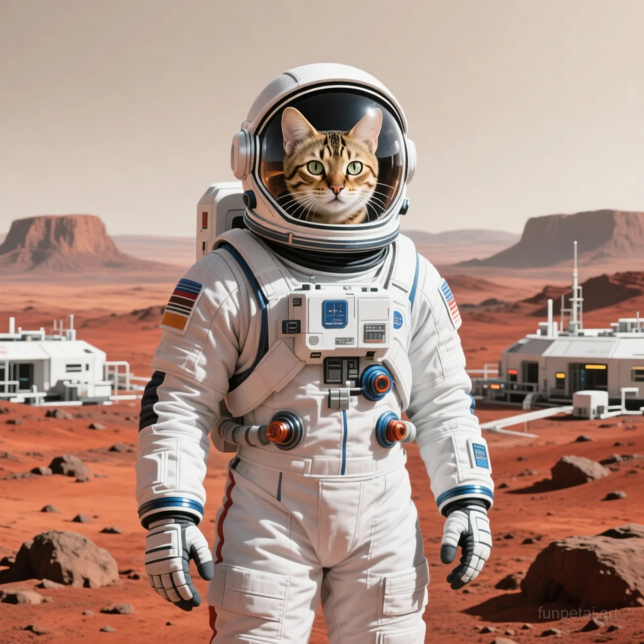 Savannah Cat wearing a space suit on Mars, red planet glow, cinematic AI pet portrait