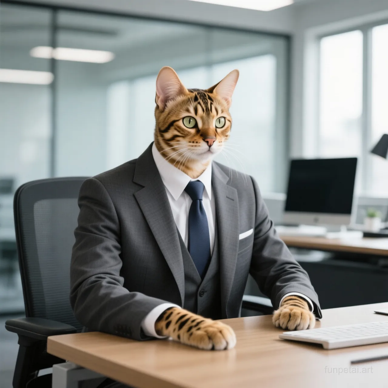 Savannah Cat in a tailored suit at a modern office desk, cinematic AI pet portrait