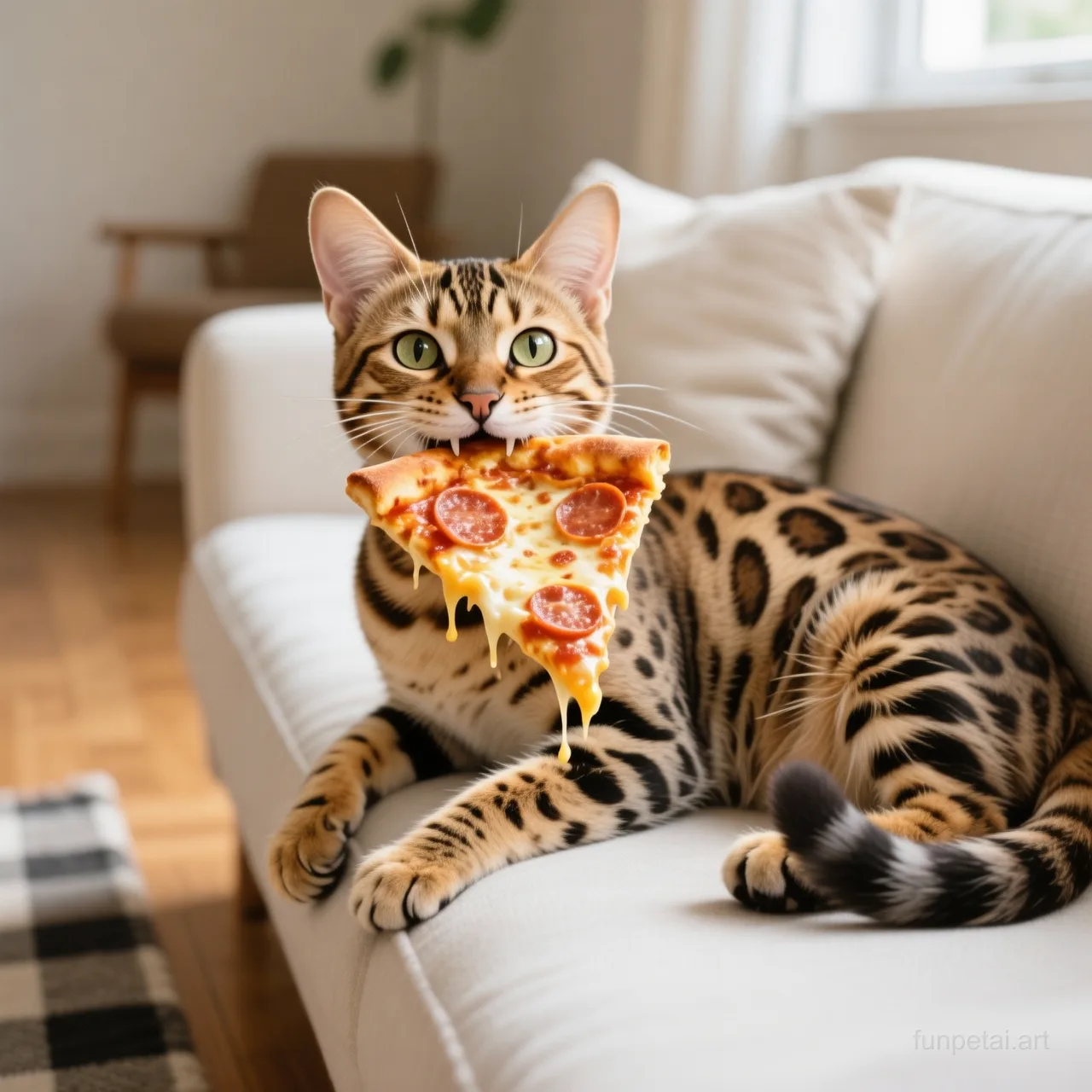 Savannah Cat stealing a pizza slice with a playful expression, cinematic AI pet portrait