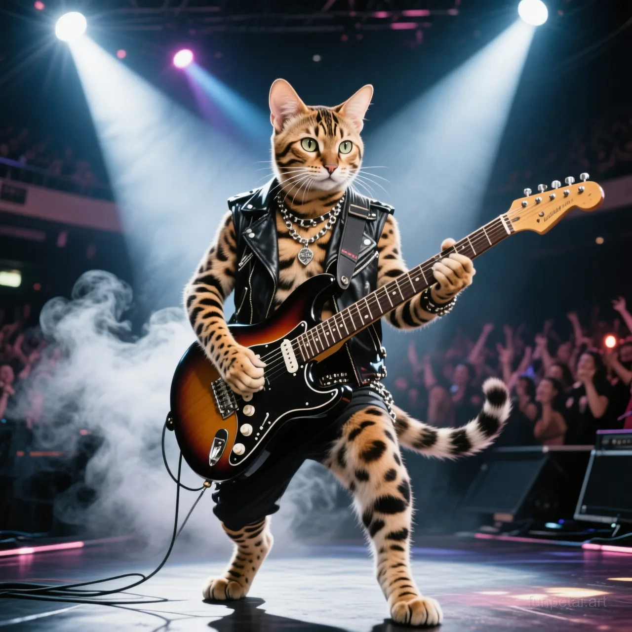 Savannah Cat on stage with an electric guitar and concert lights, cinematic AI pet portrait