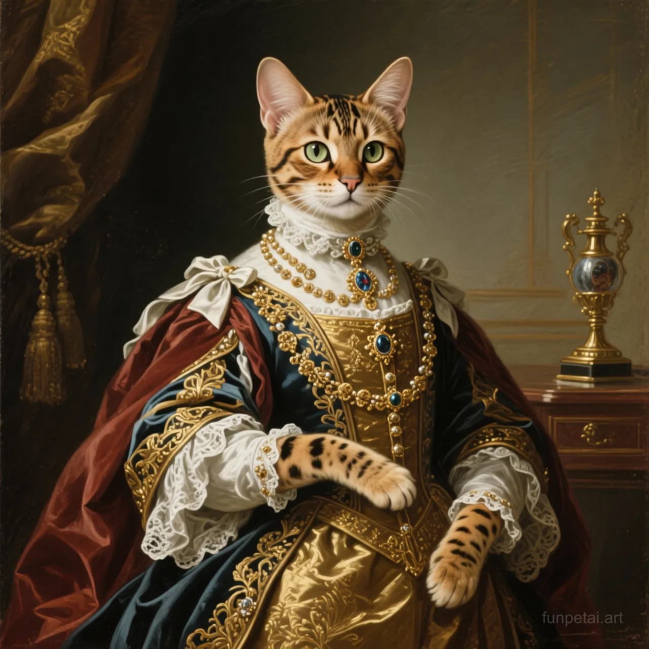 Savannah Cat in a royal portrait with ornate outfit, classic oil texture, cinematic AI pet portrait