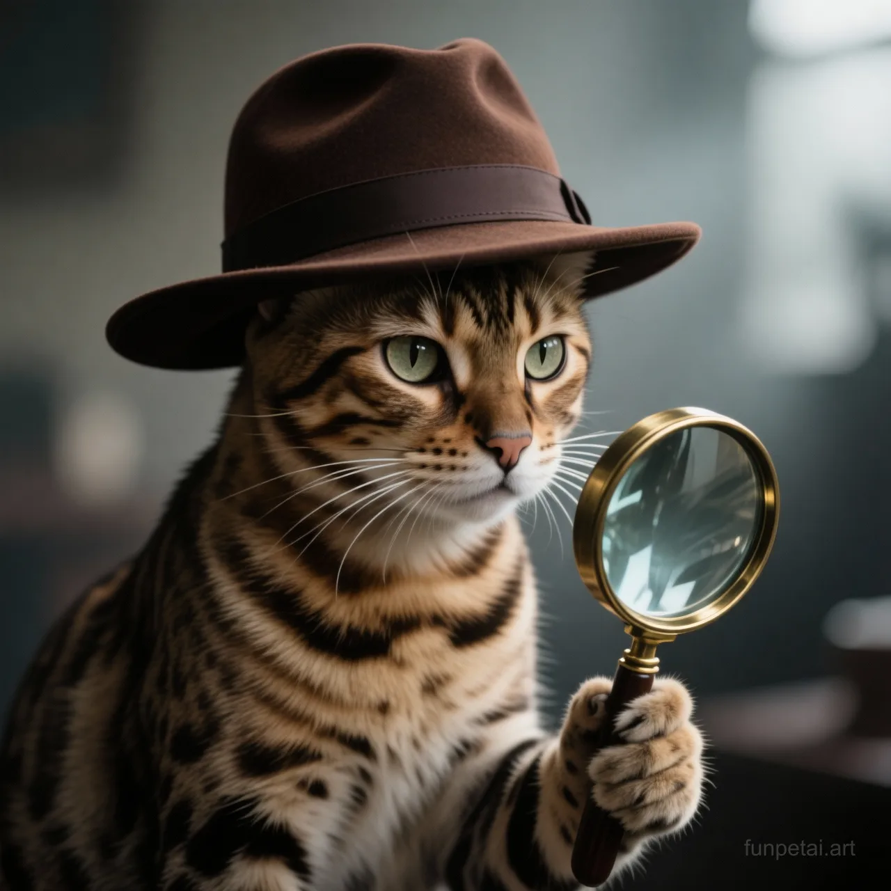 Savannah Cat as a detective with a deerstalker hat and magnifier, cinematic AI pet portrait