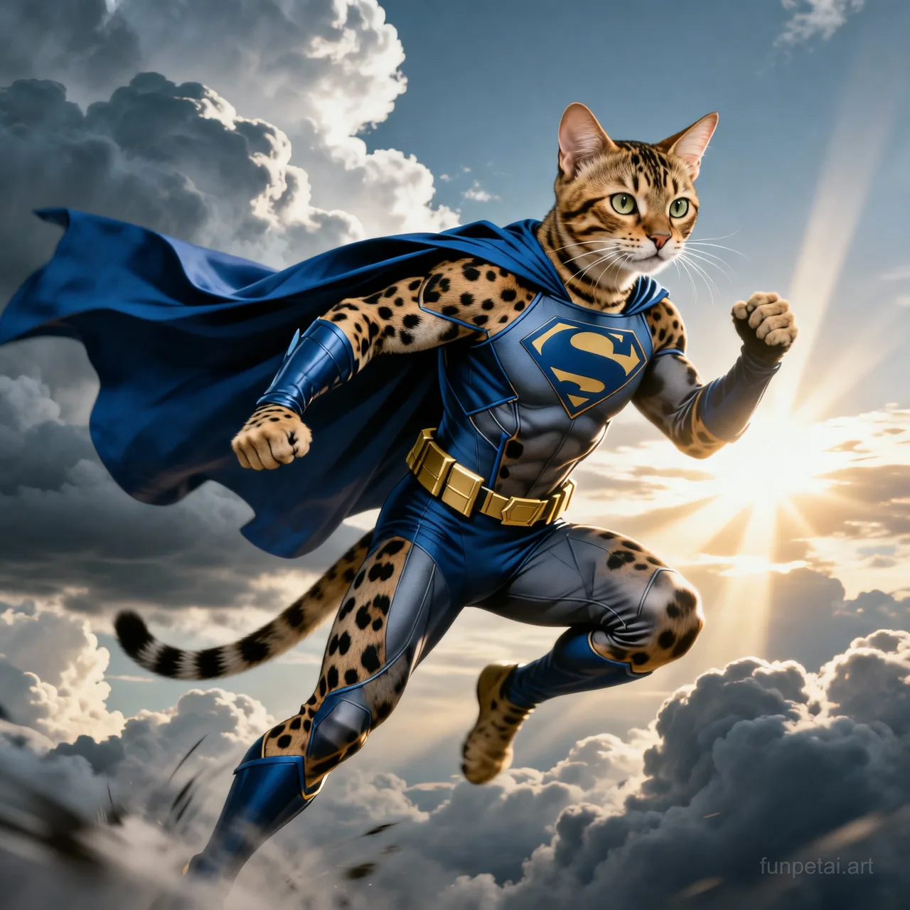 Savannah Cat as a superhero with a cape and heroic sky, cinematic AI pet portrait