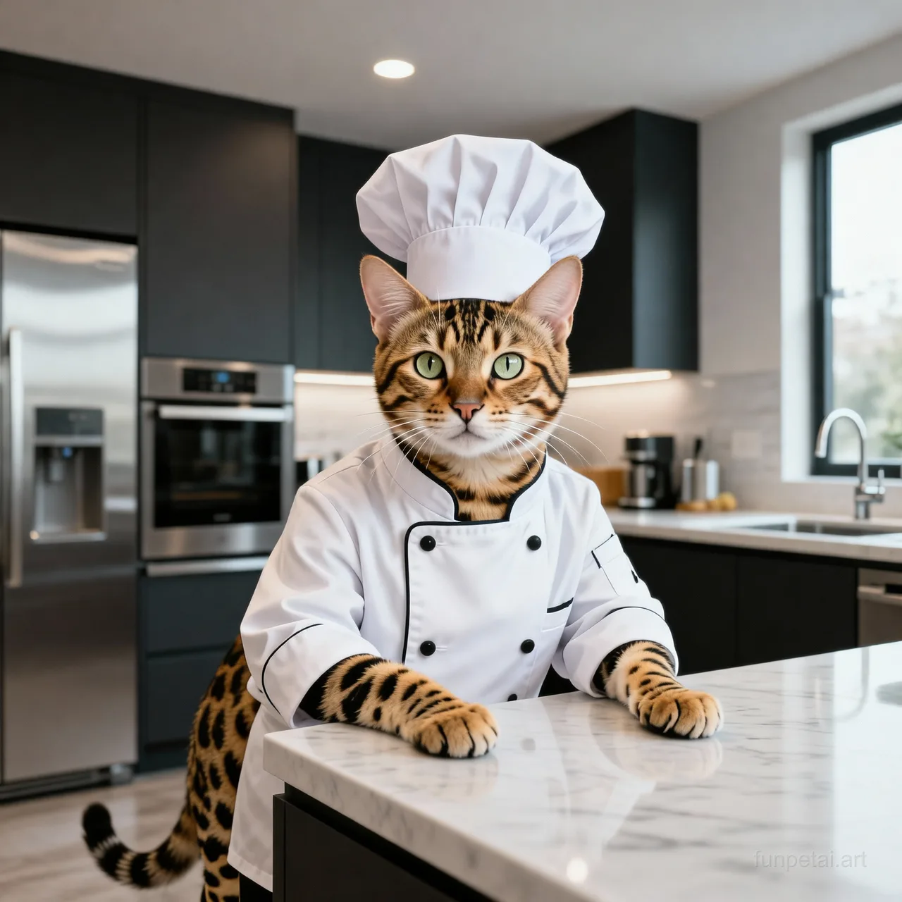 Savannah Cat wearing a chef hat in a modern kitchen, cinematic AI pet portrait