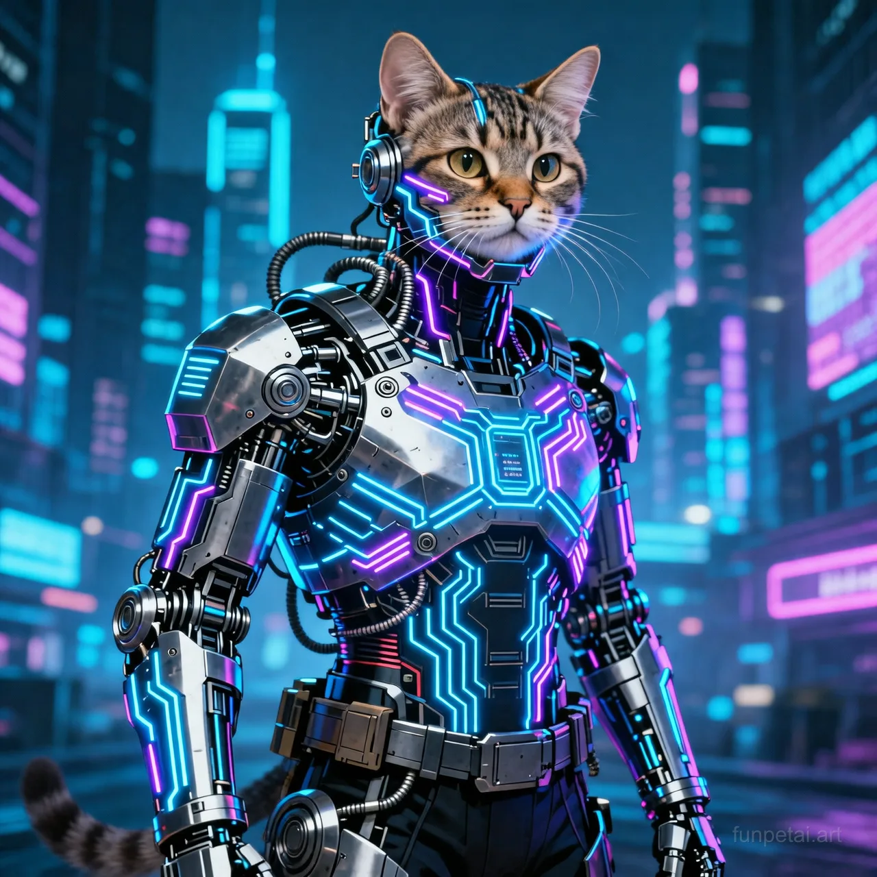 Scottish Fold in neon cyberpunk city lights with metallic accents, cinematic AI pet portrait
