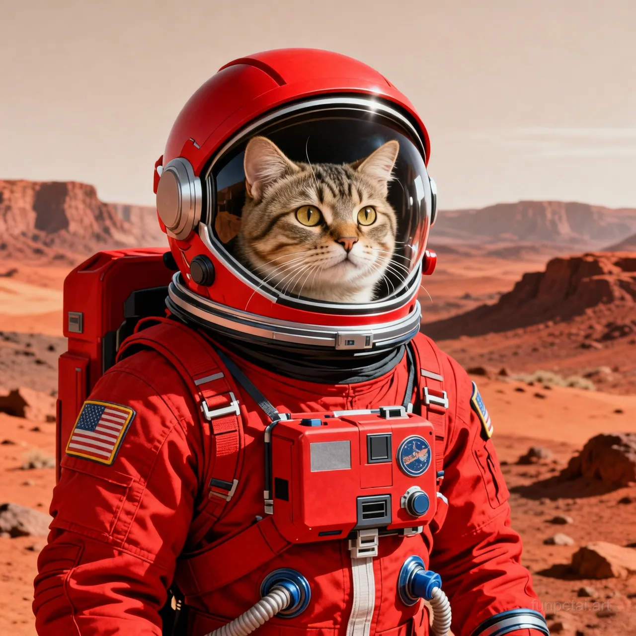 Scottish Fold wearing a space suit on Mars, red planet glow, cinematic AI pet portrait