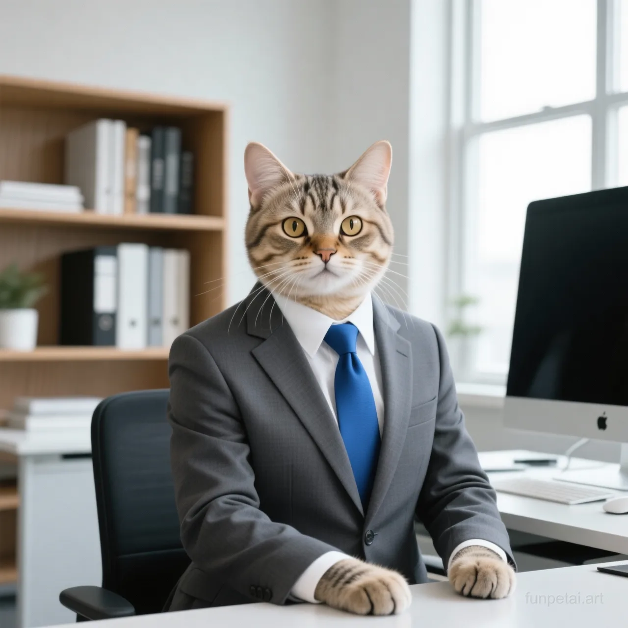 Scottish Fold in a tailored suit at a modern office desk, cinematic AI pet portrait