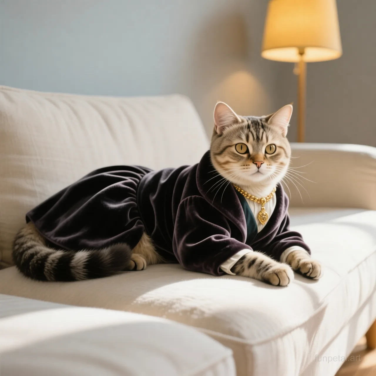 Scottish Fold in an old money portrait with cashmere texture, cinematic AI pet portrait