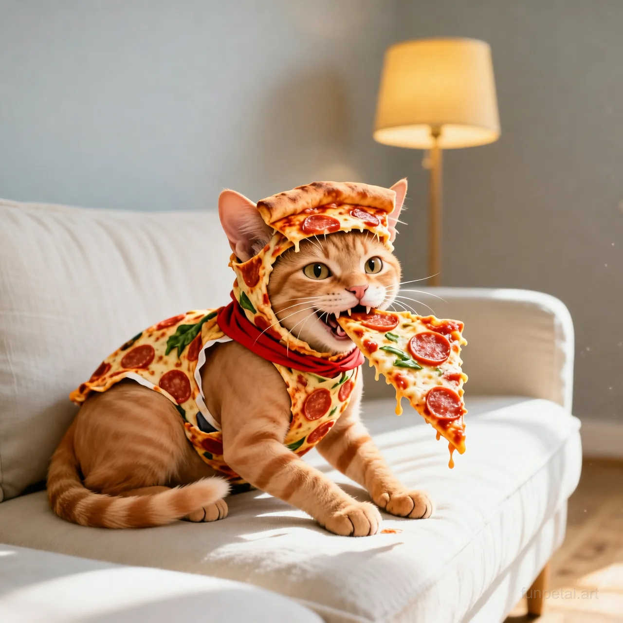 Scottish Fold stealing a pizza slice with a playful expression, cinematic AI pet portrait