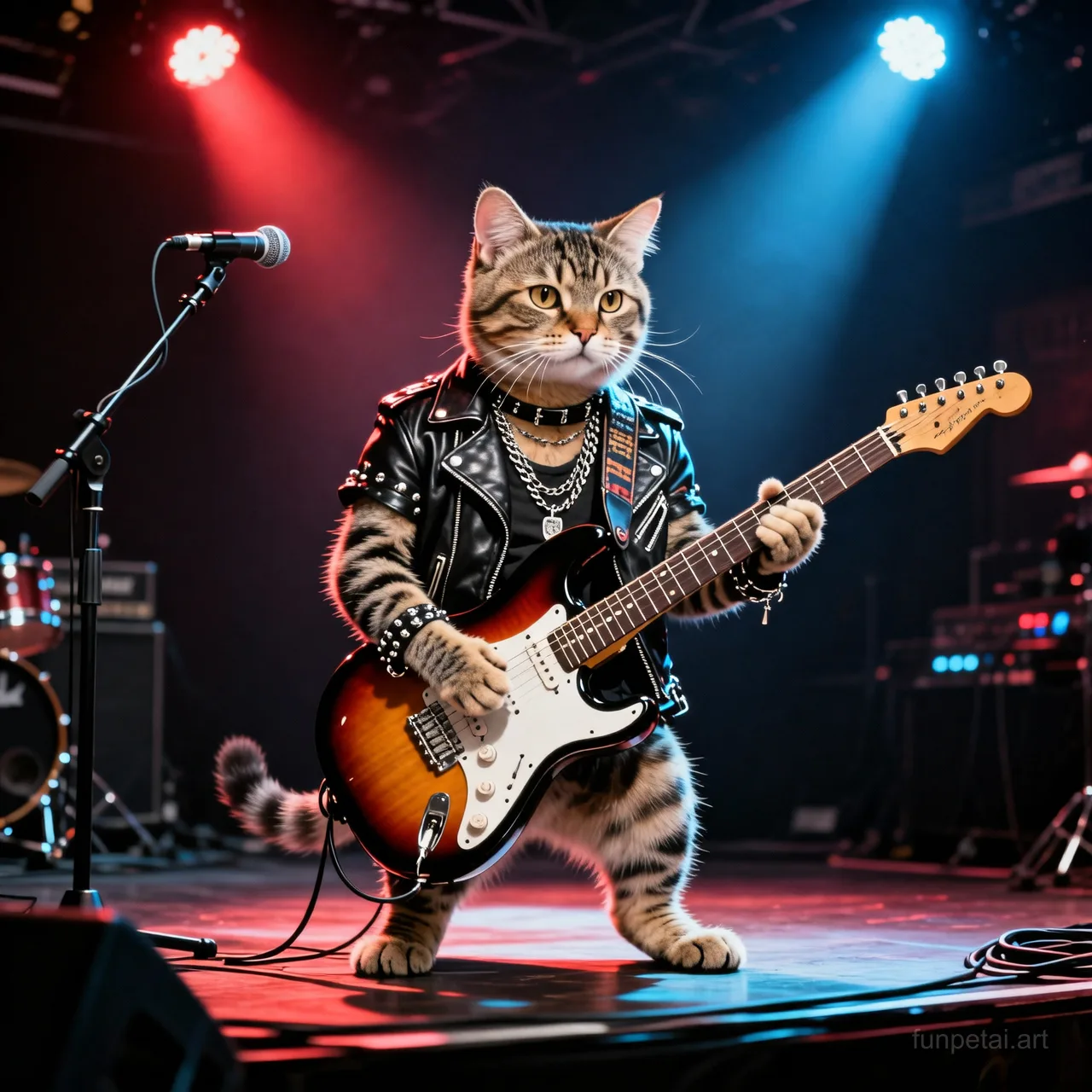 Scottish Fold on stage with an electric guitar and concert lights, cinematic AI pet portrait