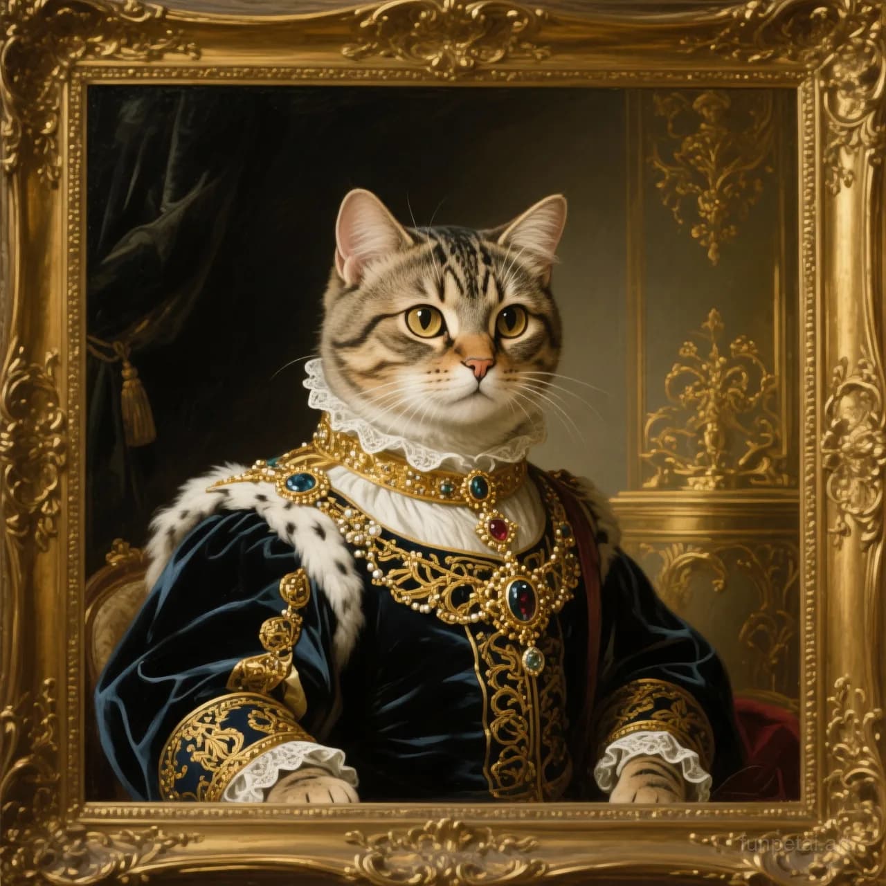 Scottish Fold in a royal portrait with ornate outfit, classic oil texture, cinematic AI pet portrait