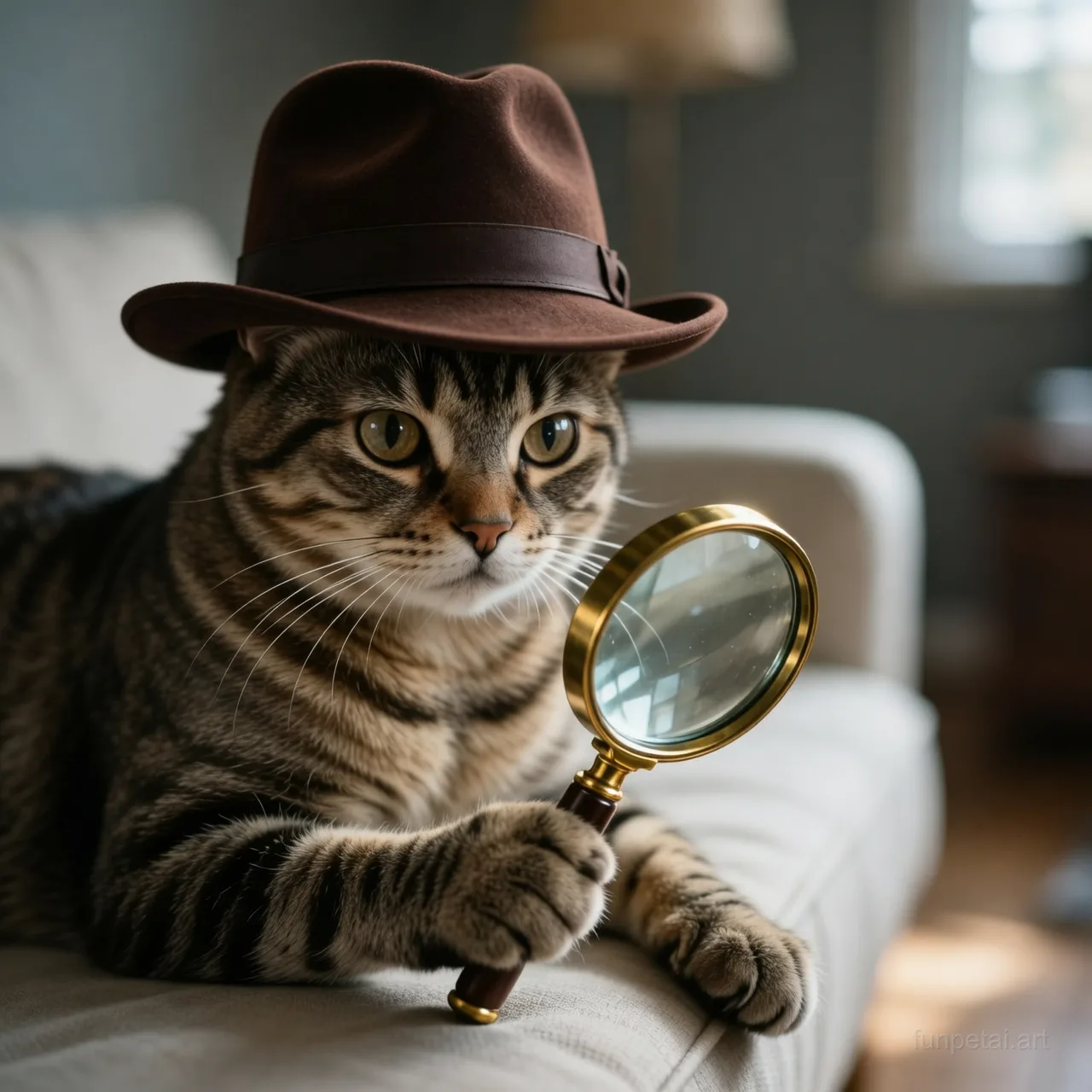Scottish Fold as a detective with a deerstalker hat and magnifier, cinematic AI pet portrait
