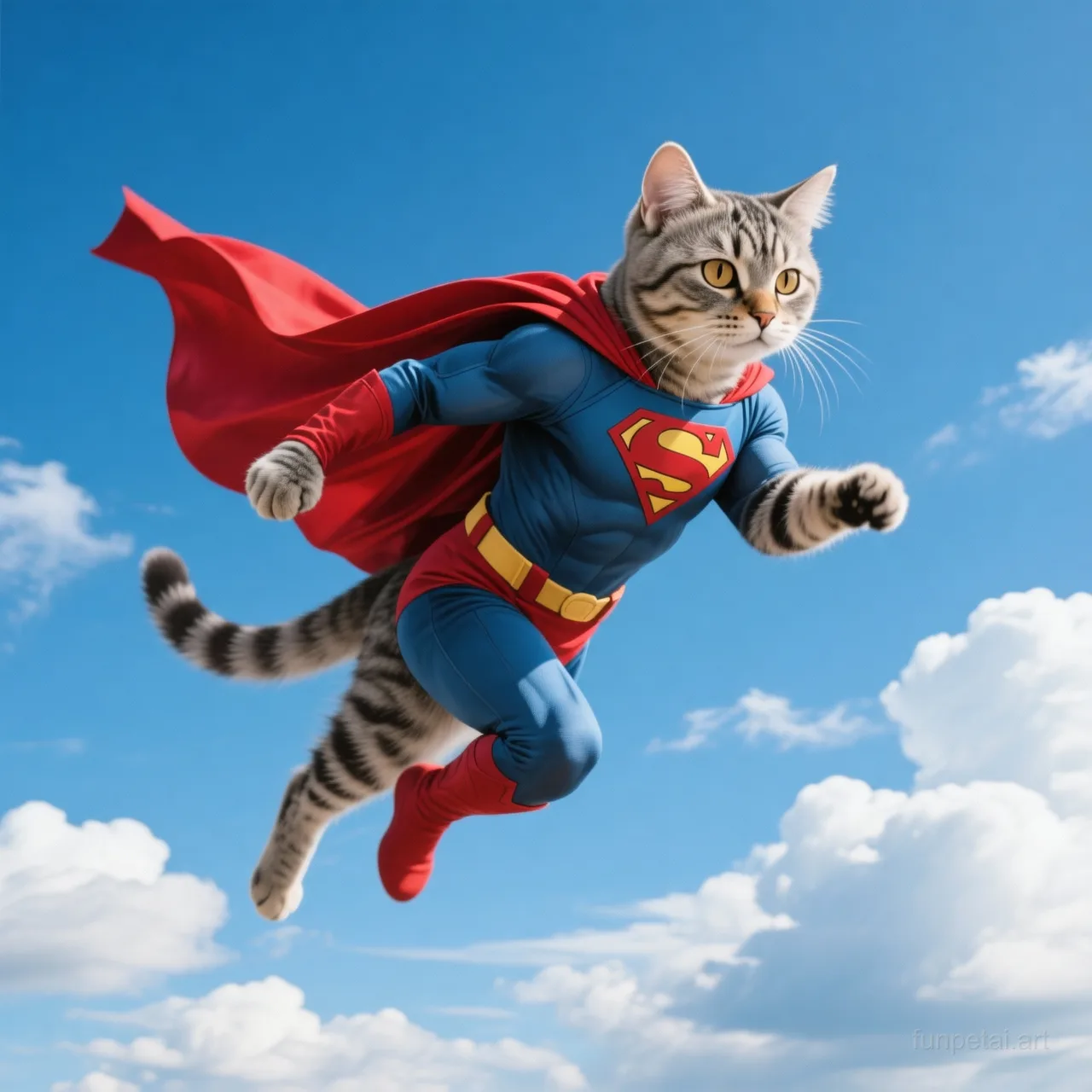 Scottish Fold as a superhero with a cape and heroic sky, cinematic AI pet portrait