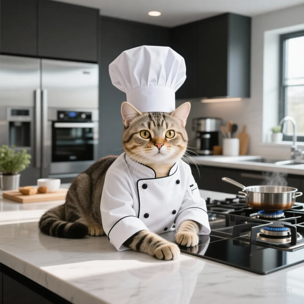 Scottish Fold wearing a chef hat in a modern kitchen, cinematic AI pet portrait