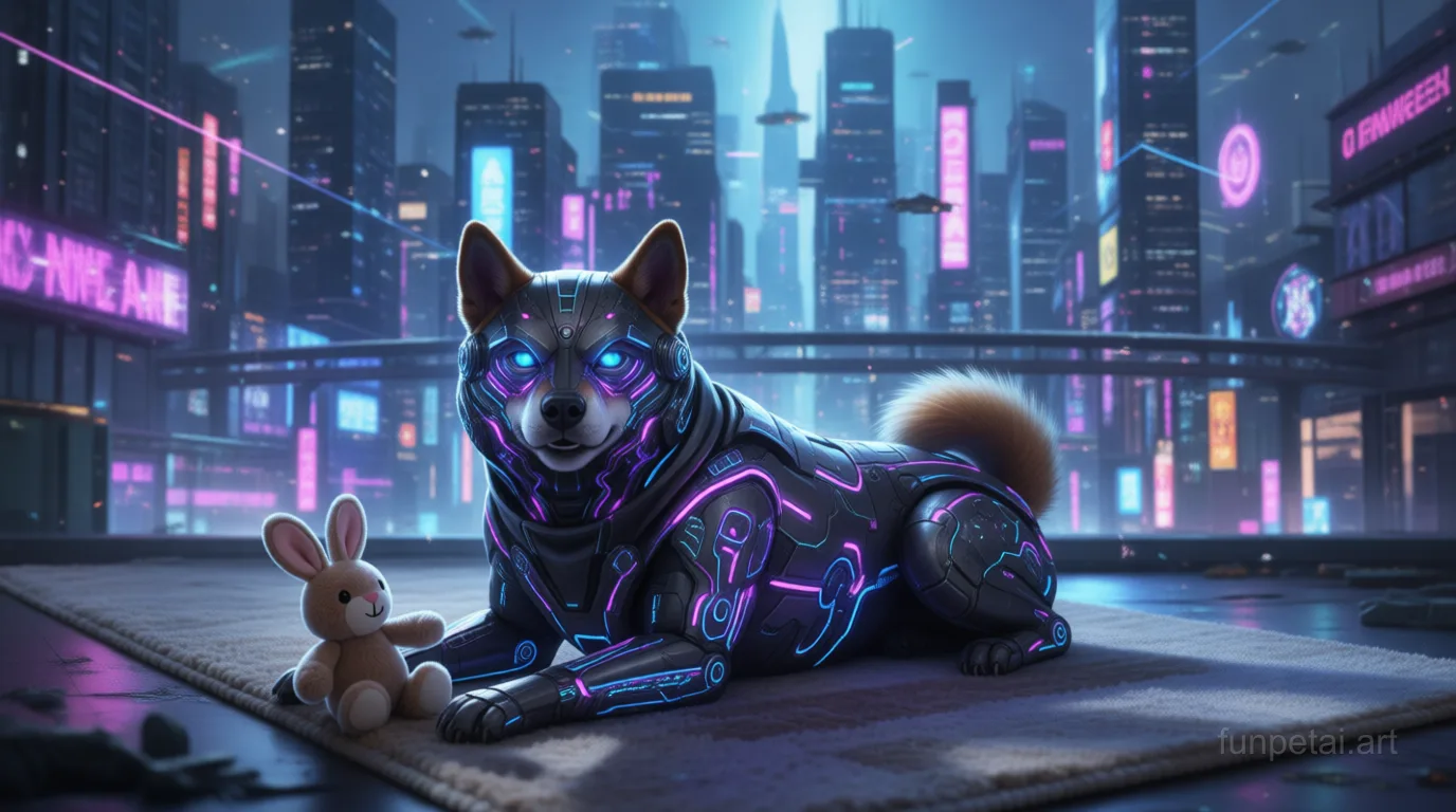 Shiba Inu in neon cyberpunk city lights with metallic accents, cinematic AI pet portrait