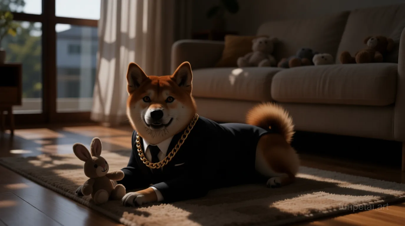 Shiba Inu in a dark suit with gold chain, cinematic noir lighting, cinematic AI pet portrait