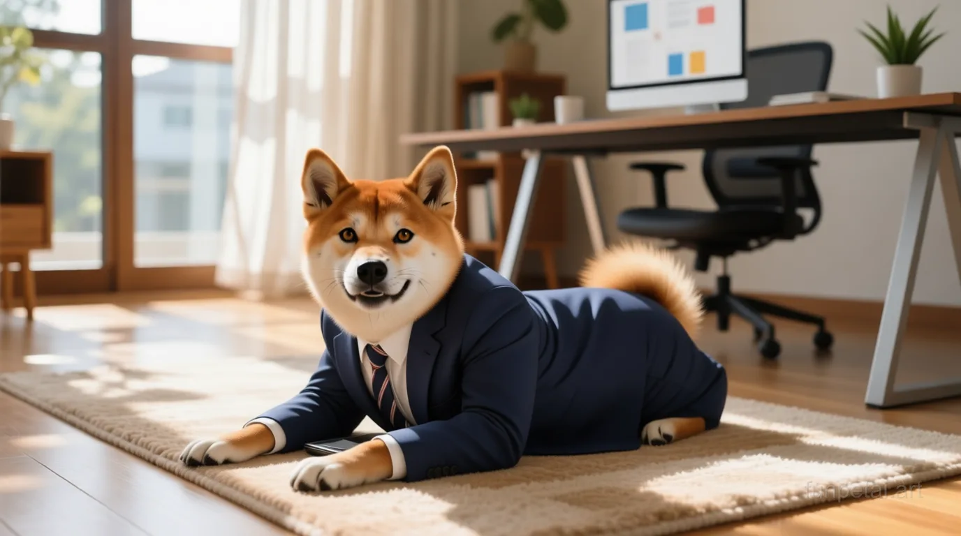 Shiba Inu in a tailored suit at a modern office desk, cinematic AI pet portrait