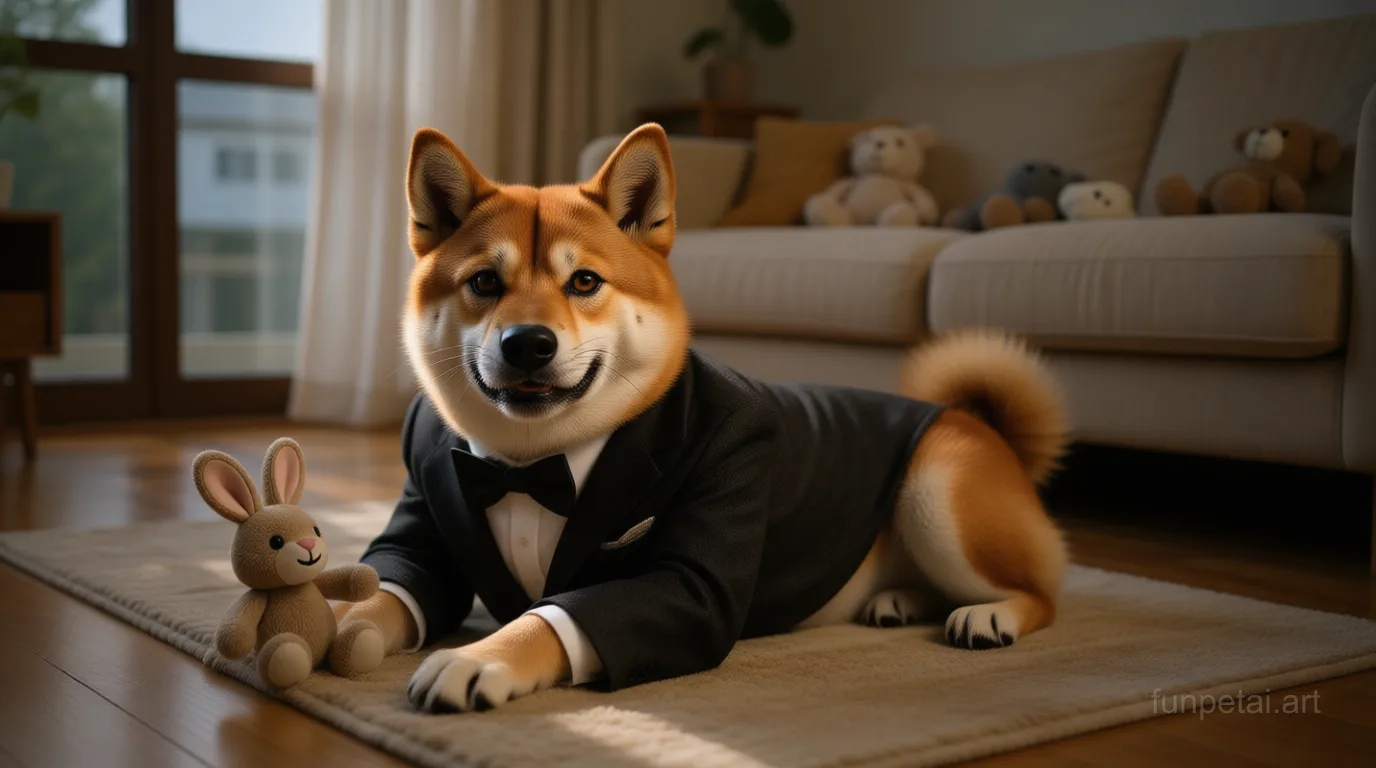 Shiba Inu in an old money portrait with cashmere texture, cinematic AI pet portrait