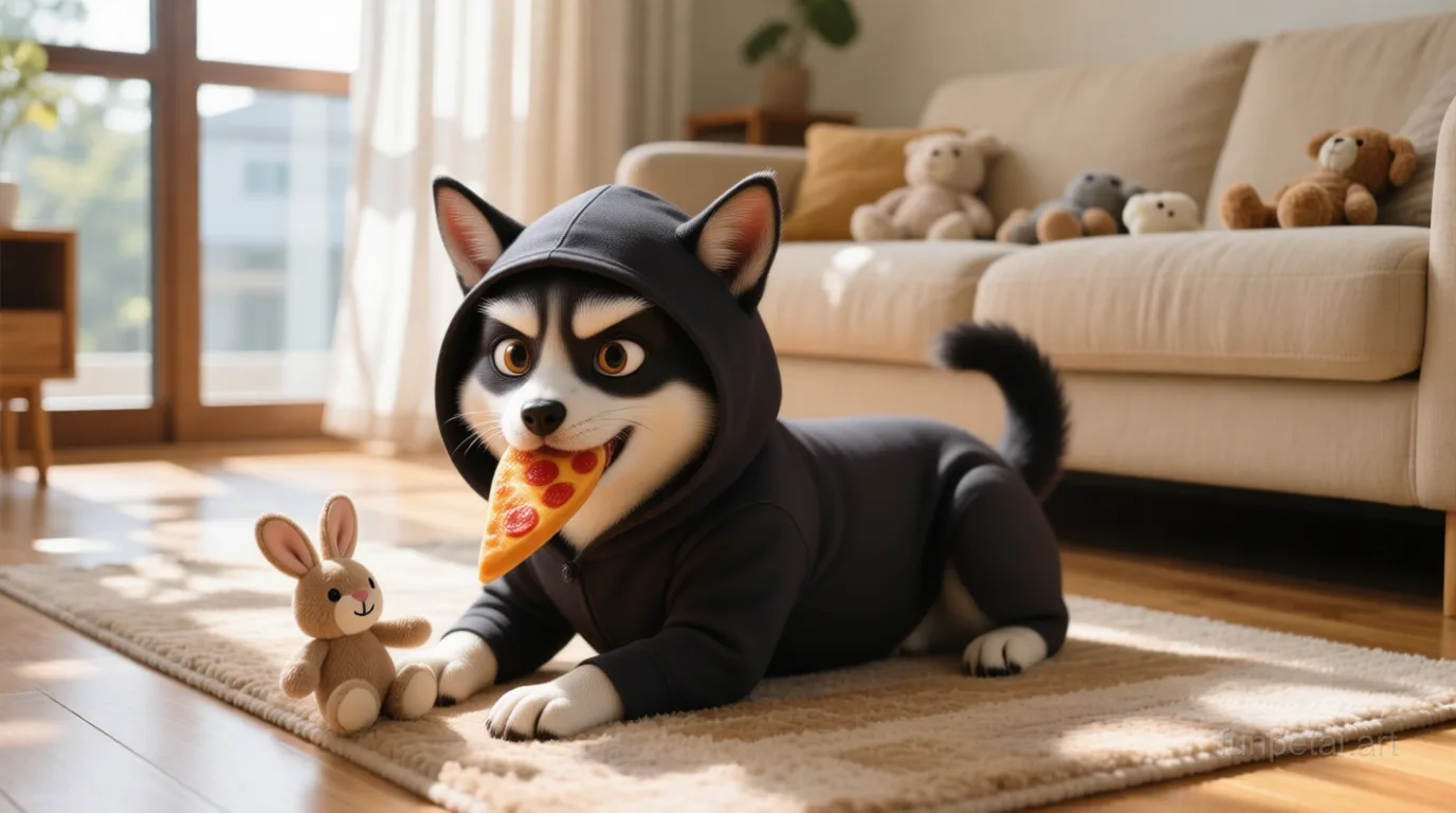Shiba Inu stealing a pizza slice with a playful expression, cinematic AI pet portrait