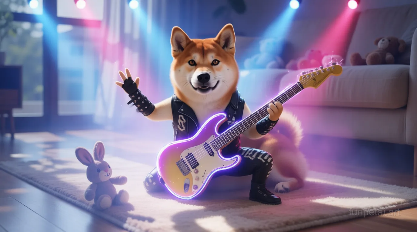 Shiba Inu on stage with an electric guitar and concert lights, cinematic AI pet portrait