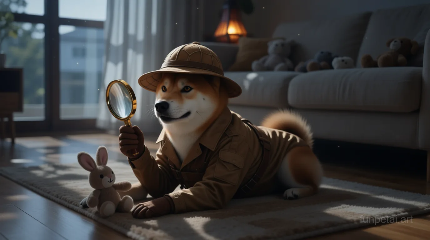 Shiba Inu as a detective with a deerstalker hat and magnifier, cinematic AI pet portrait