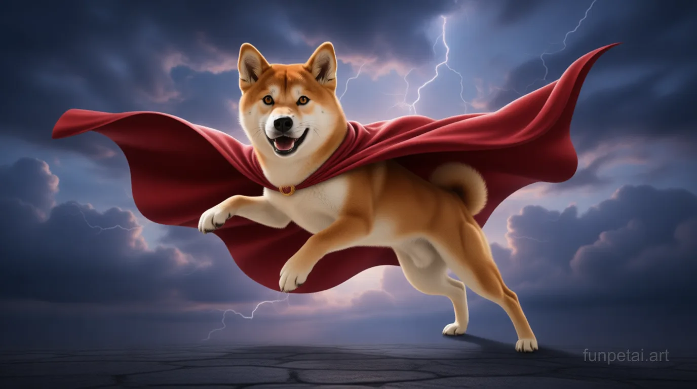 Shiba Inu as a superhero with a cape and heroic sky, cinematic AI pet portrait
