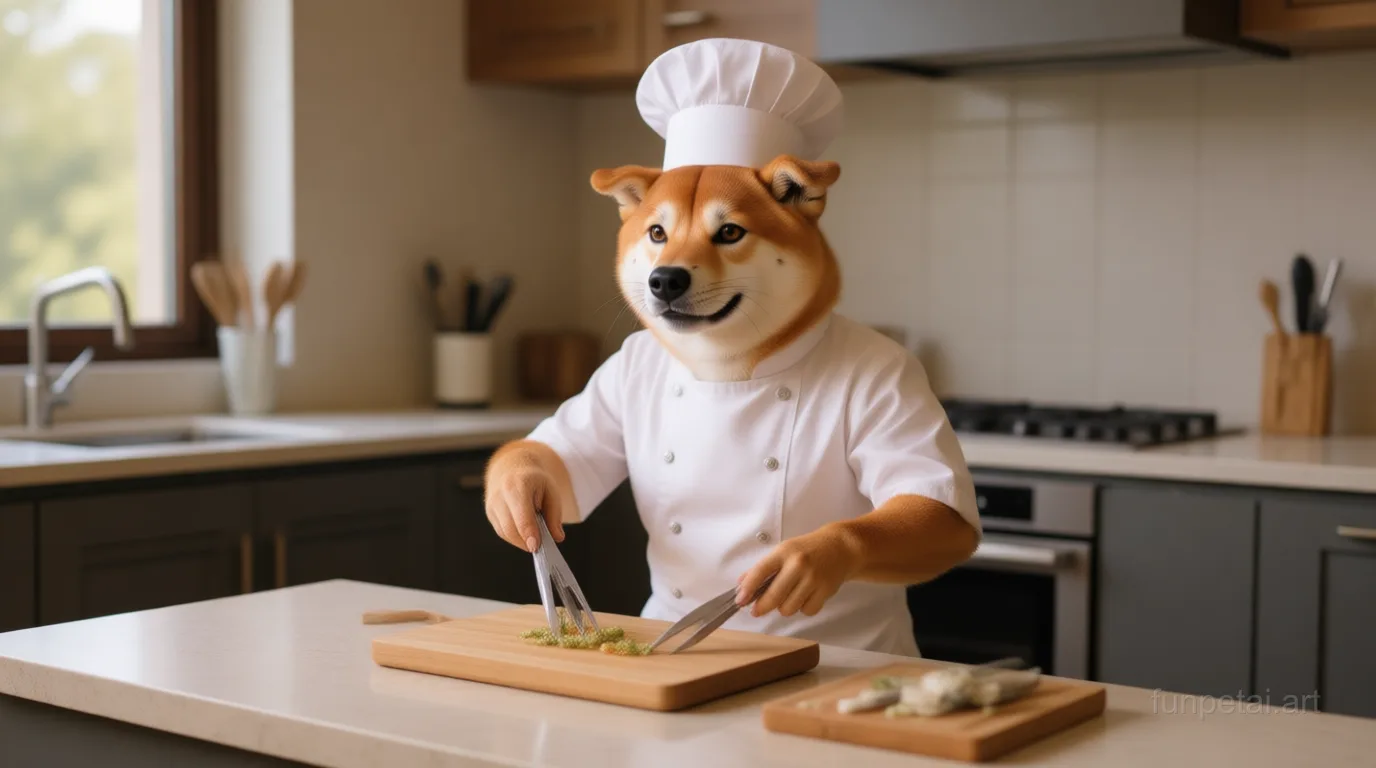 Shiba Inu wearing a chef hat in a modern kitchen, cinematic AI pet portrait