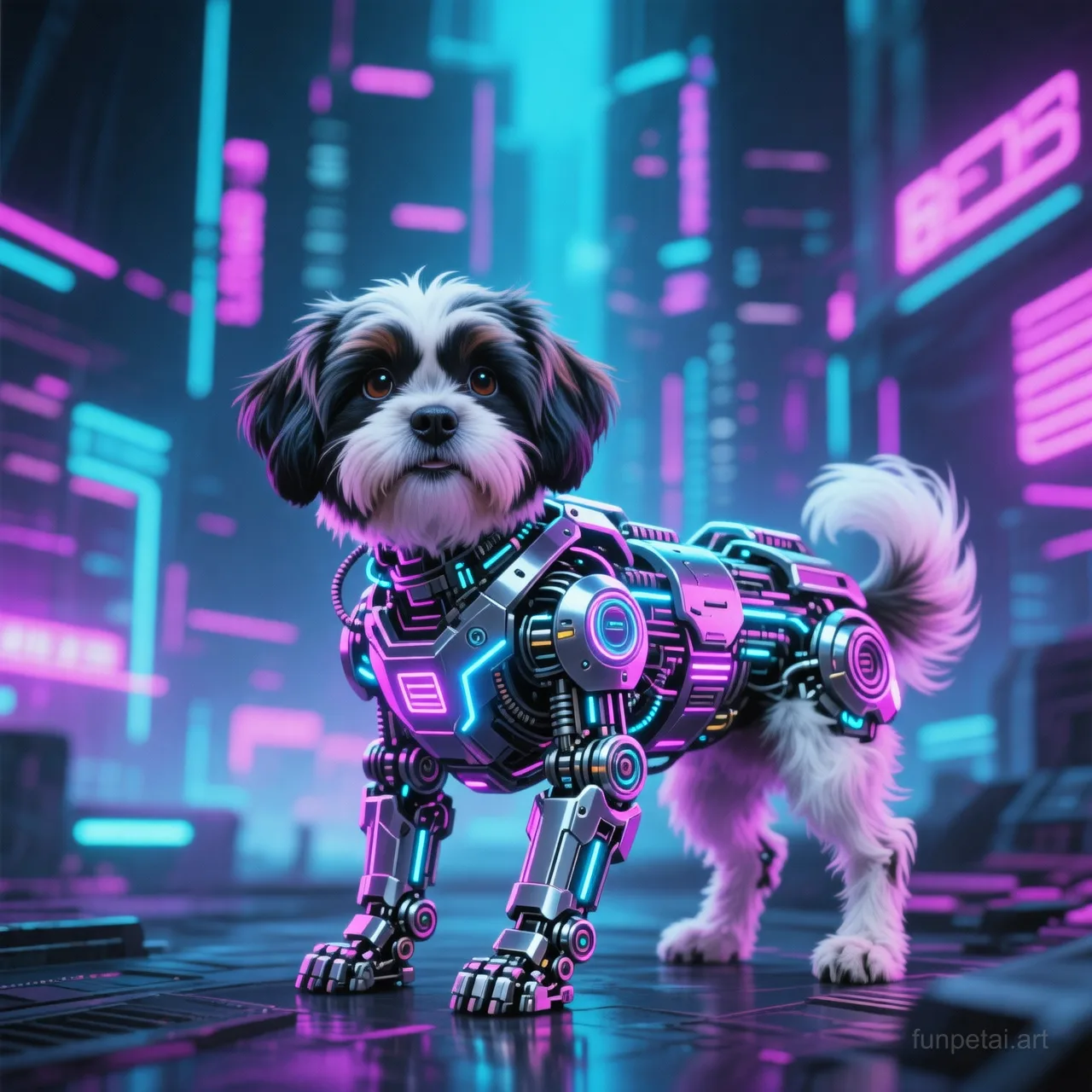 Shih Tzu in neon cyberpunk city lights with metallic accents, cinematic AI pet portrait