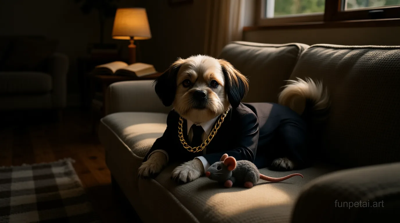 Shih Tzu in a dark suit with gold chain, cinematic noir lighting, cinematic AI pet portrait