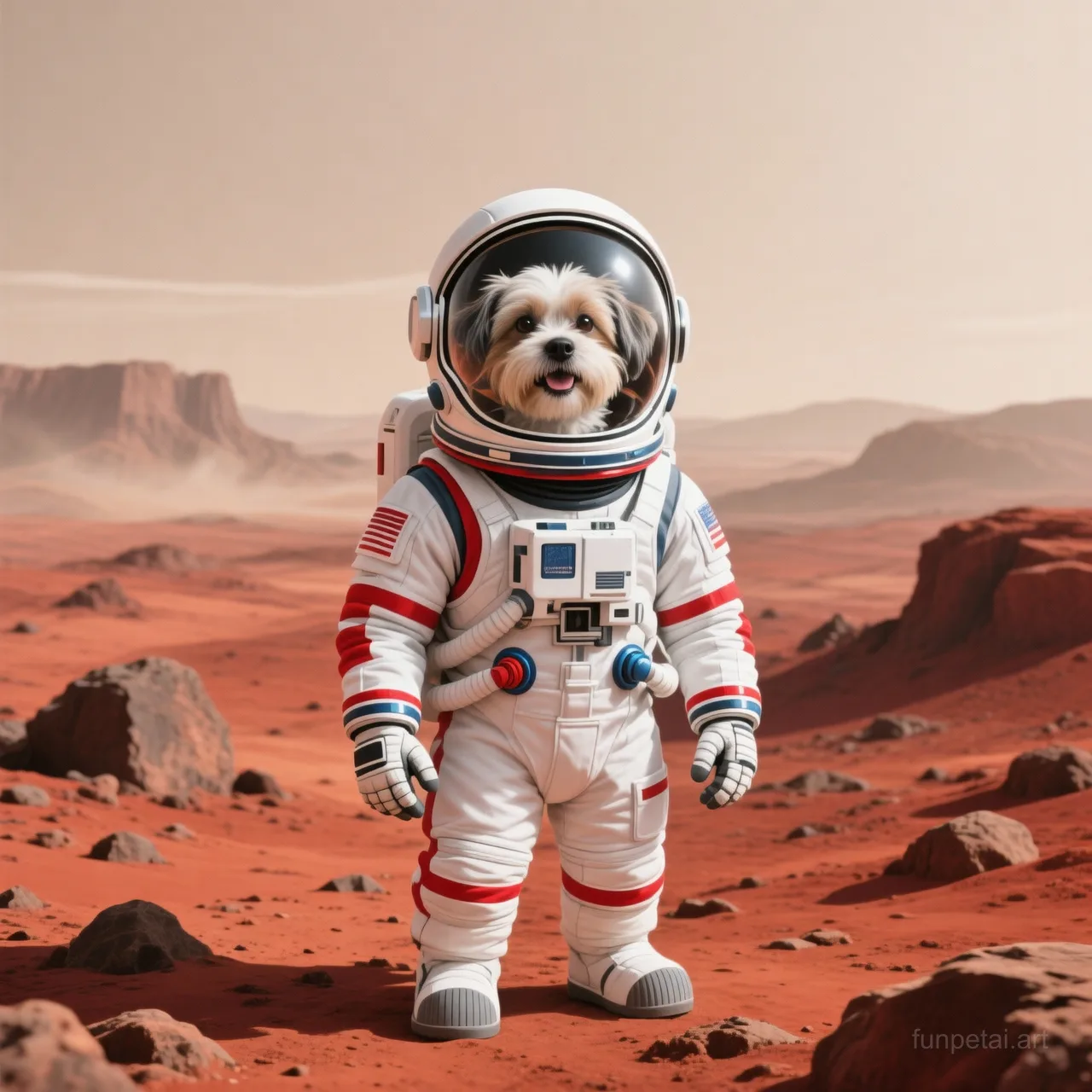 Shih Tzu wearing a space suit on Mars, red planet glow, cinematic AI pet portrait