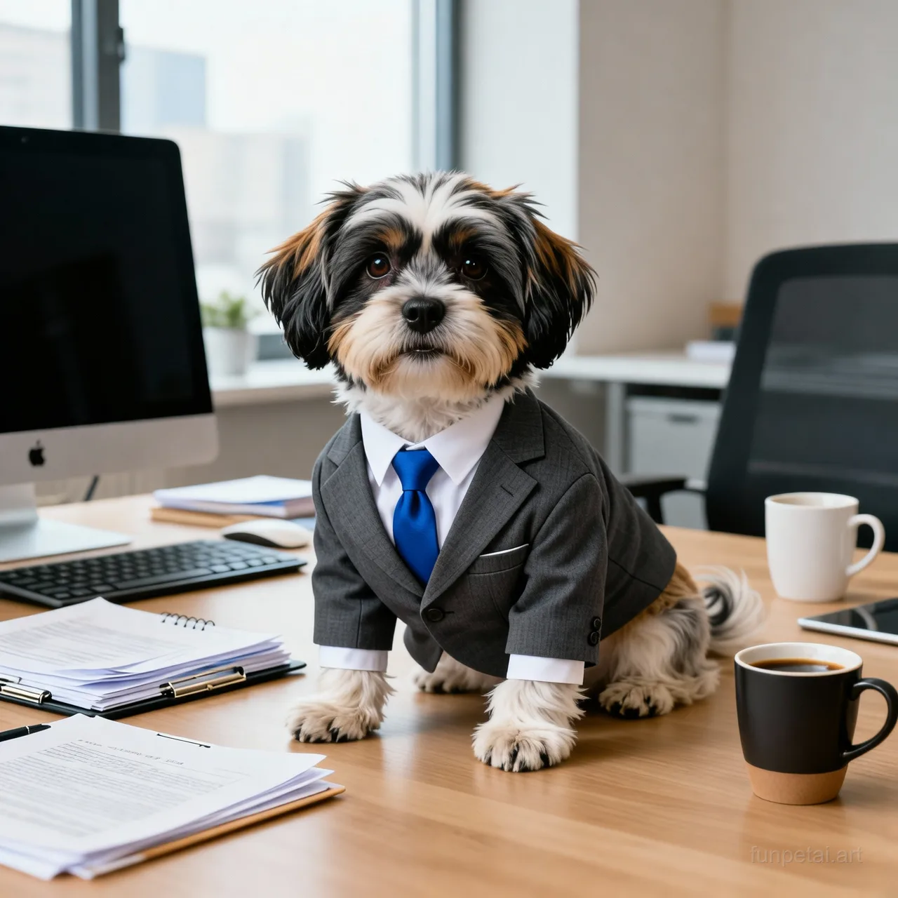Shih Tzu in a tailored suit at a modern office desk, cinematic AI pet portrait