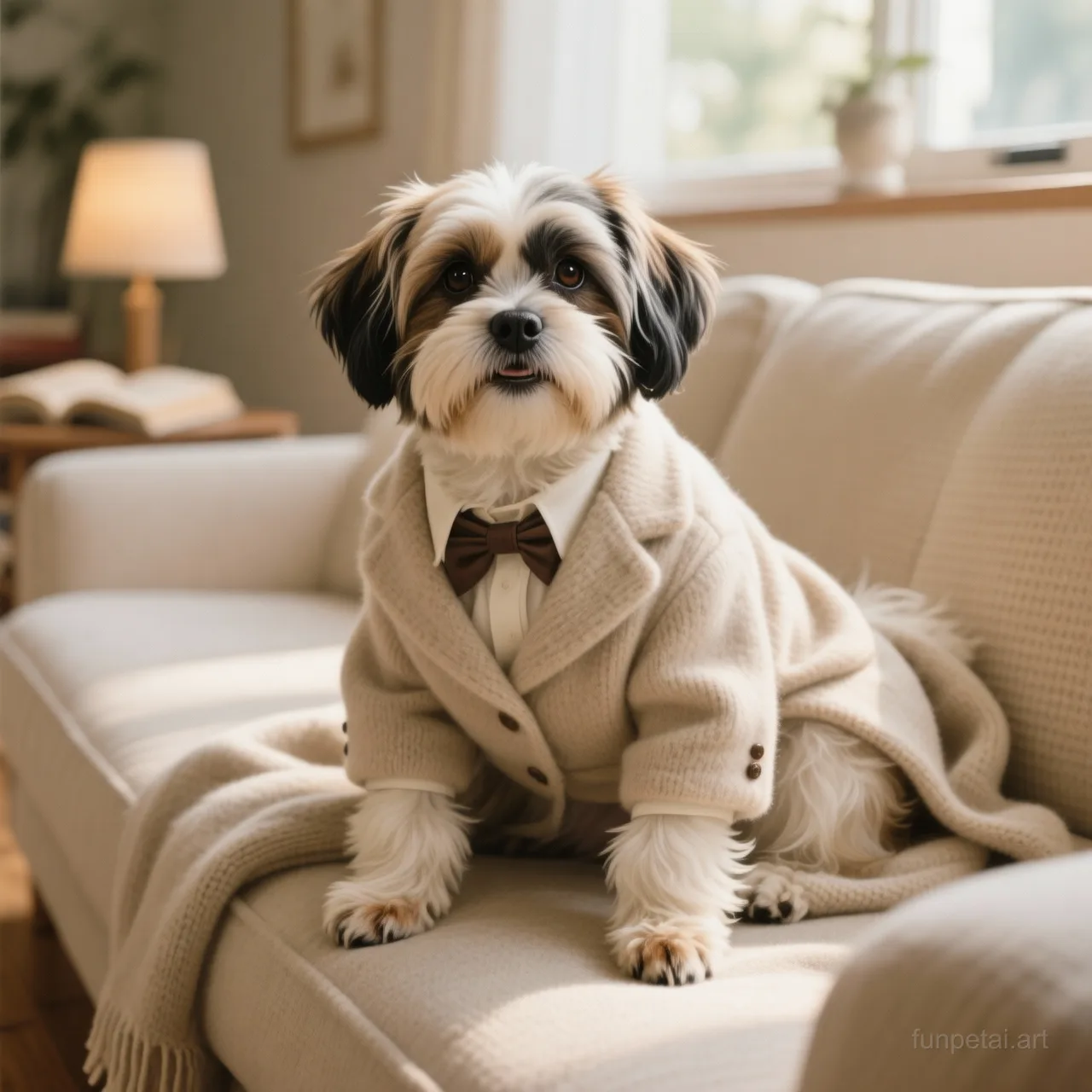 Shih Tzu in an old money portrait with cashmere texture, cinematic AI pet portrait