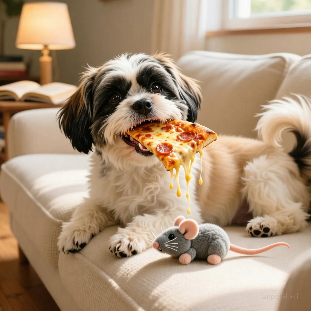 Shih Tzu stealing a pizza slice with a playful expression, cinematic AI pet portrait