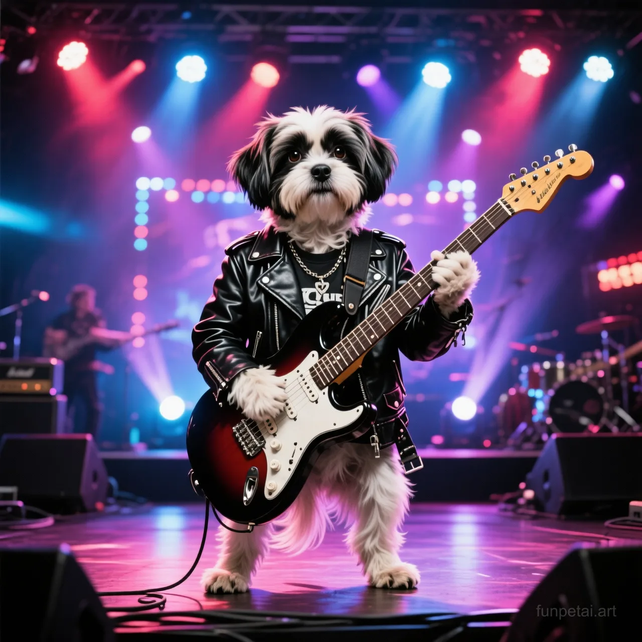 Shih Tzu on stage with an electric guitar and concert lights, cinematic AI pet portrait