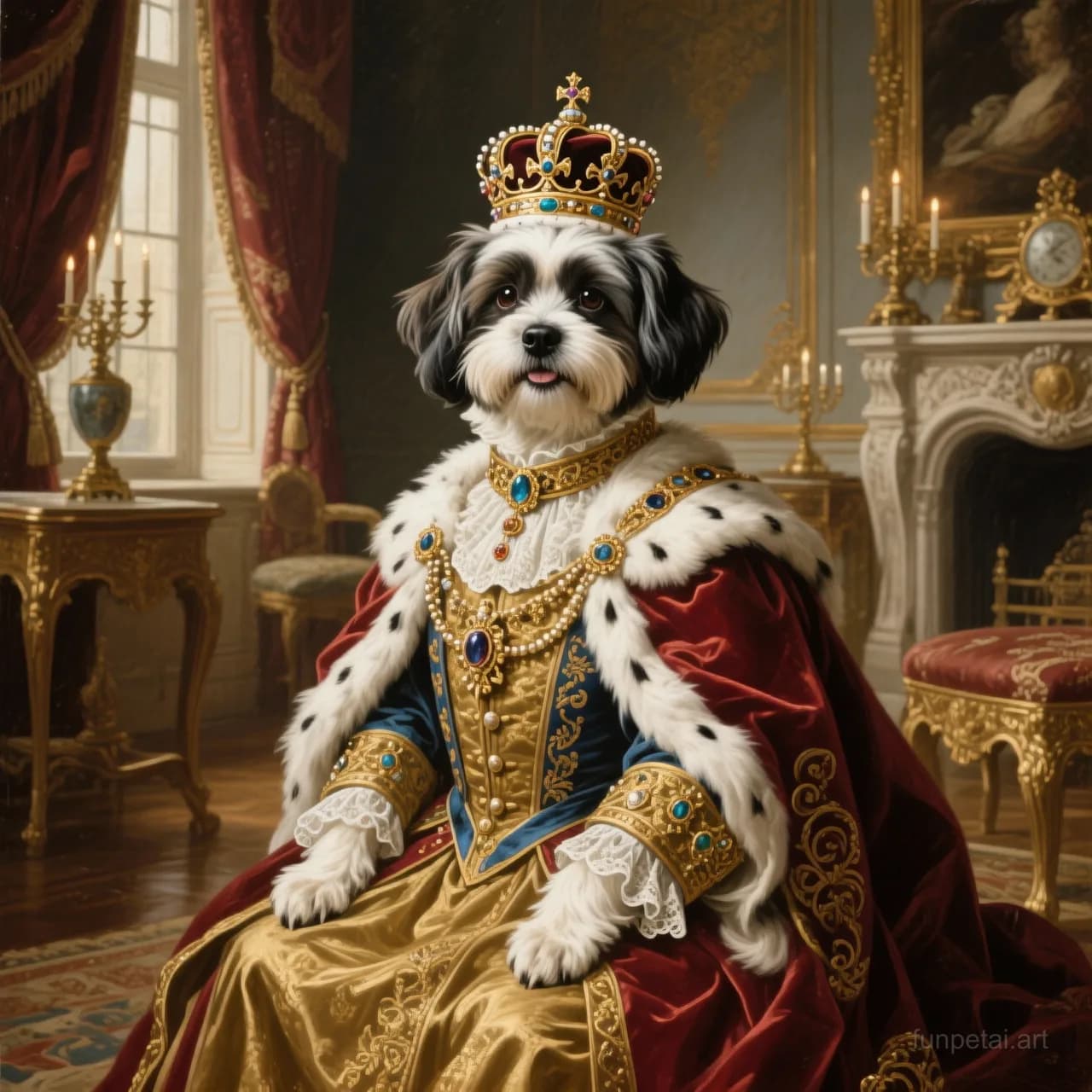Shih Tzu in a royal portrait with ornate outfit, classic oil texture, cinematic AI pet portrait