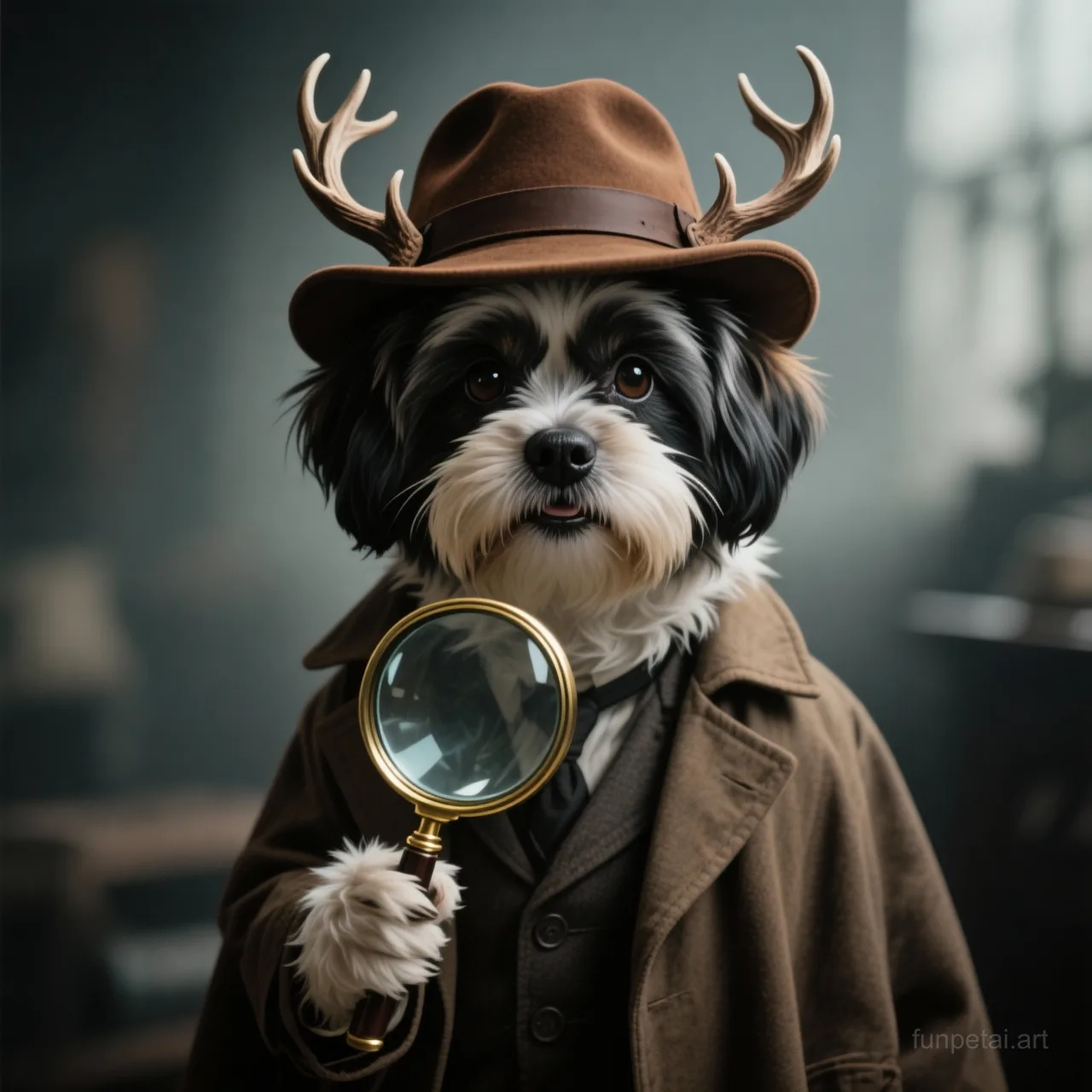 Shih Tzu as a detective with a deerstalker hat and magnifier, cinematic AI pet portrait