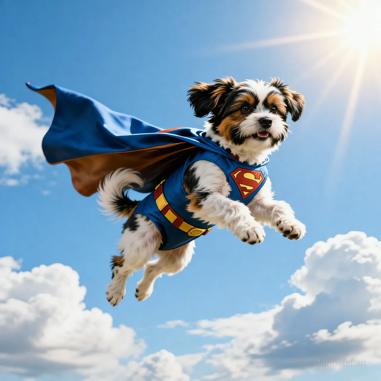 Shih Tzu as a superhero with a cape and heroic sky, cinematic AI pet portrait