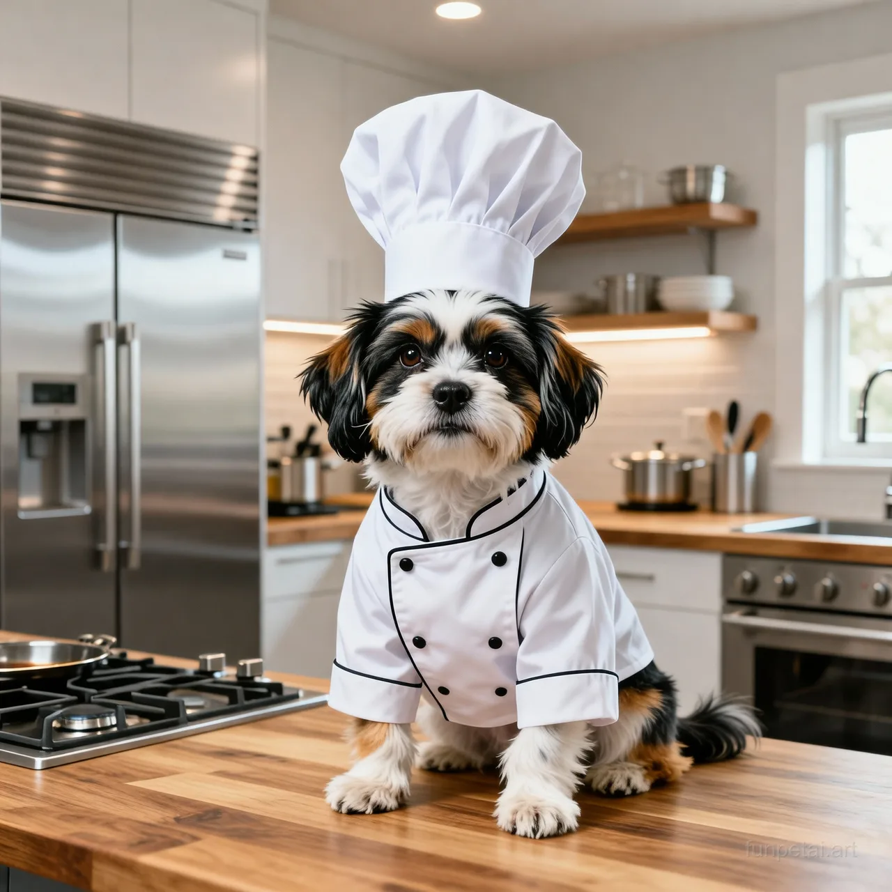 Shih Tzu wearing a chef hat in a modern kitchen, cinematic AI pet portrait