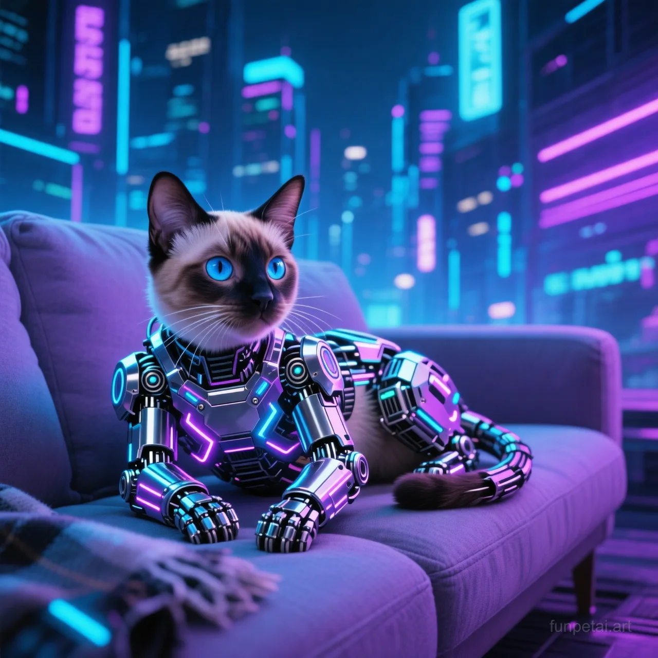 Siamese in neon cyberpunk city lights with metallic accents, cinematic AI pet portrait