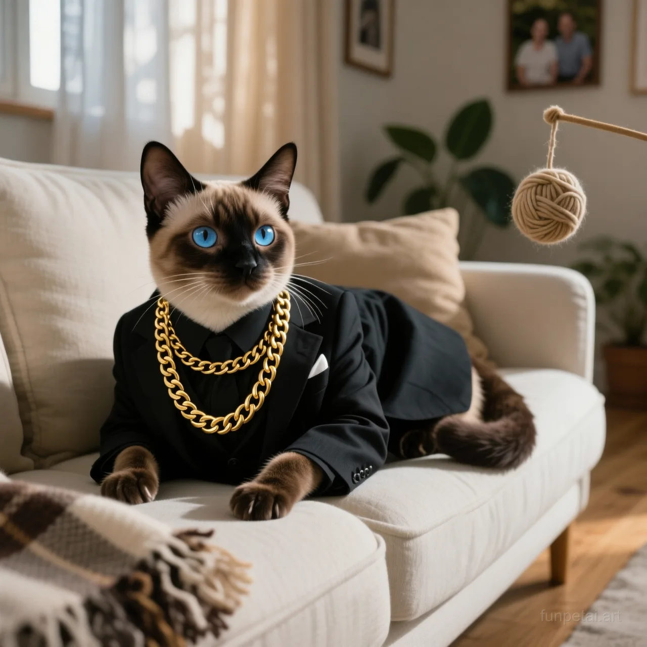Siamese in a dark suit with gold chain, cinematic noir lighting, cinematic AI pet portrait