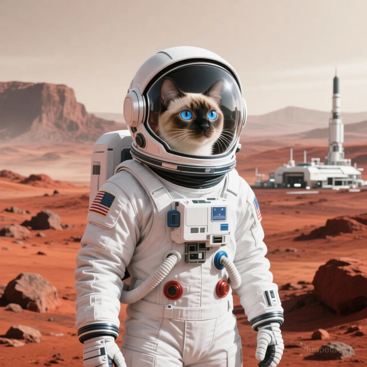 Siamese wearing a space suit on Mars, red planet glow, cinematic AI pet portrait