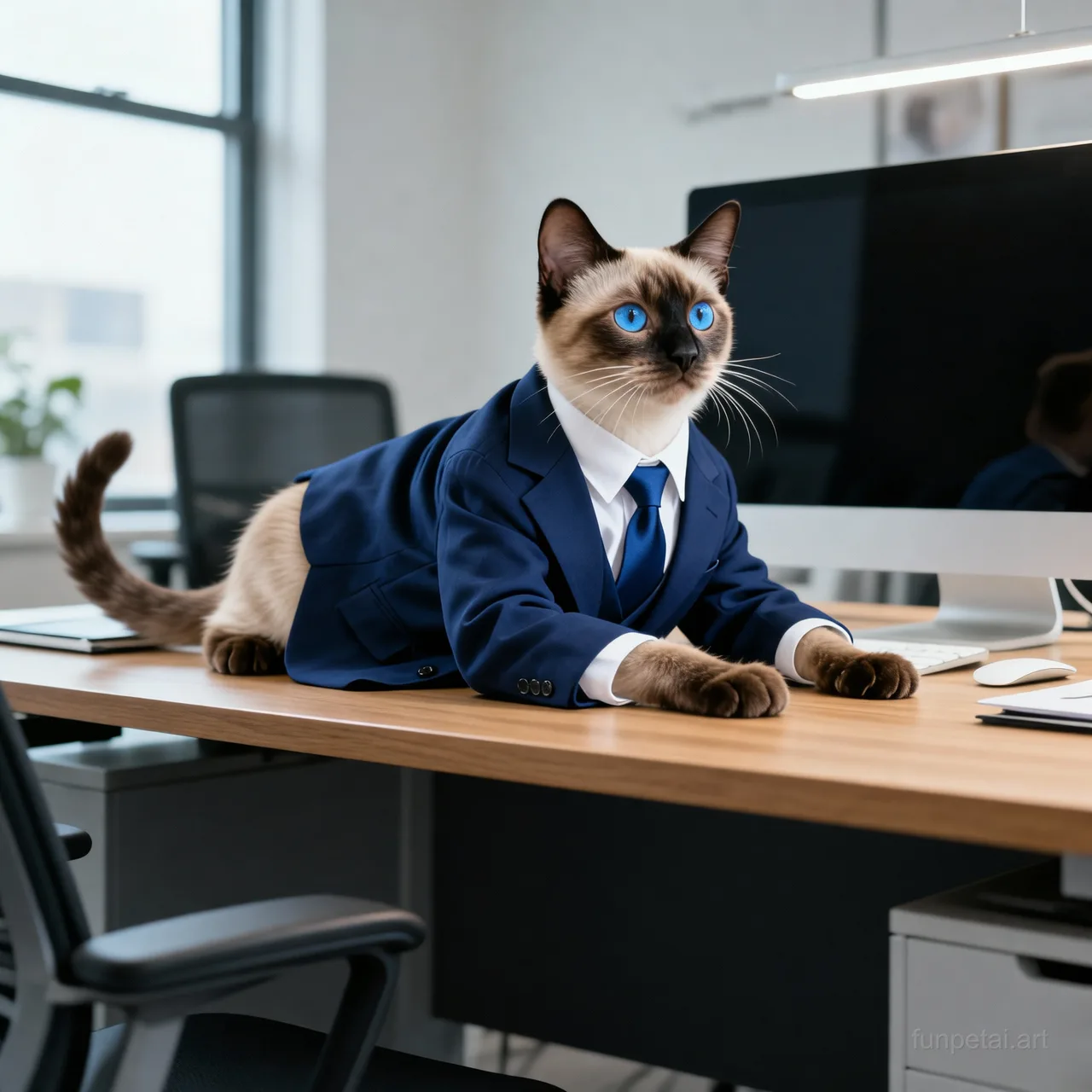 Siamese in a tailored suit at a modern office desk, cinematic AI pet portrait
