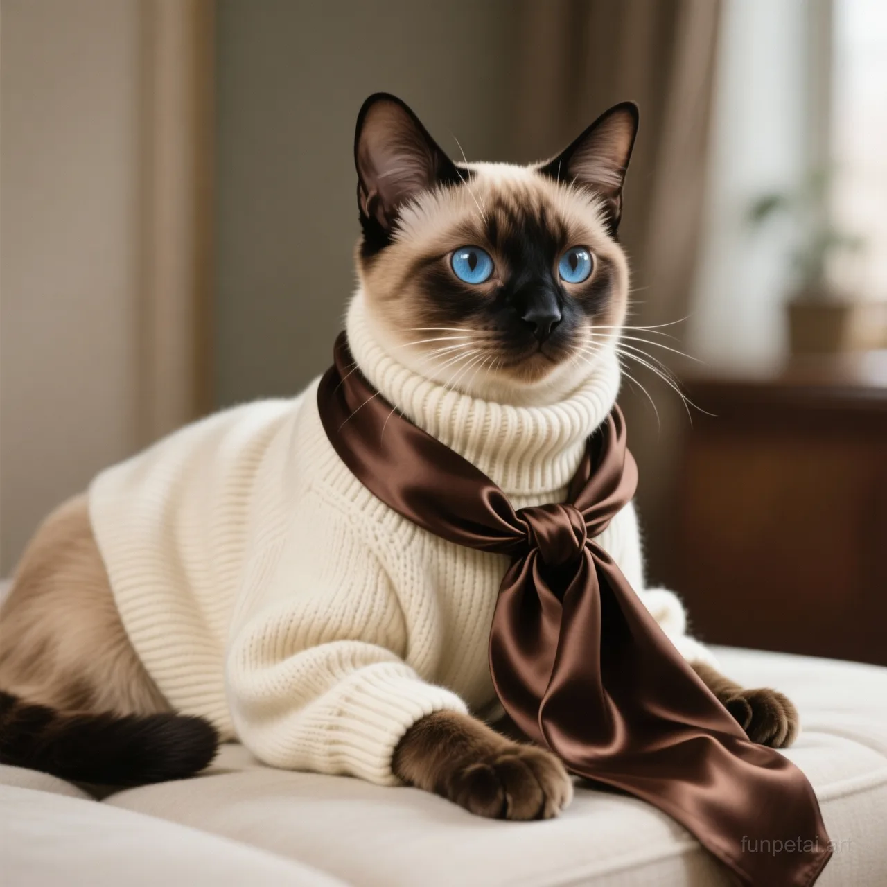 Siamese in an old money portrait with cashmere texture, cinematic AI pet portrait