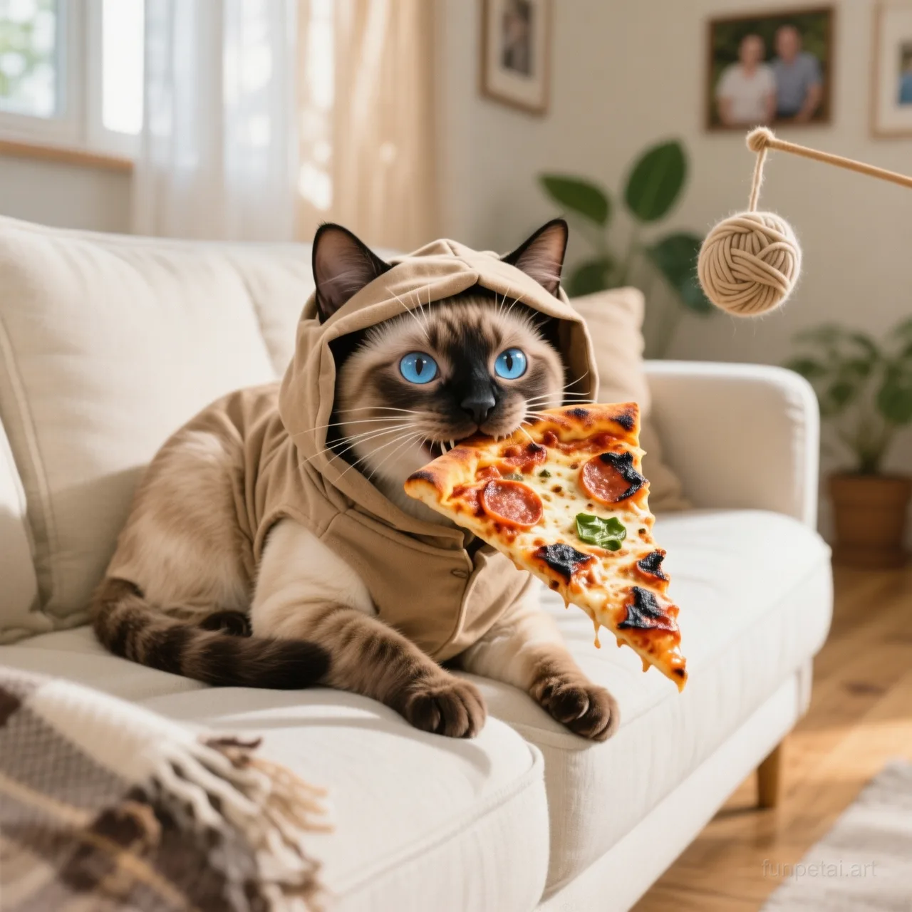 Siamese stealing a pizza slice with a playful expression, cinematic AI pet portrait